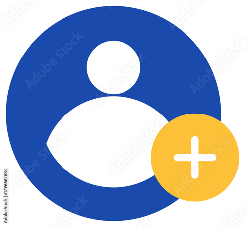 Modern user profile icon with a bright plus sign, symbolizing new account creation, adding contacts, or expanding network for digital platforms and services.