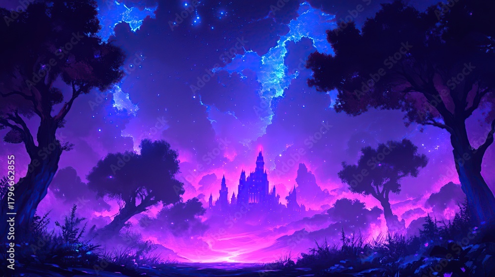 Naklejka premium A Mystical Castle Bathed in Vibrant Cosmic Hues Under a Starry, Electric Sky