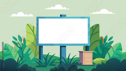 Vibrant green foliage frames a blank billboard sign creating a natural outdoor advertising space for your message.