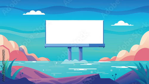 Blank billboard stands prominently over a vibrant, stylized seascape with rolling hills and fluffy clouds, perfect for your next ad campaign.