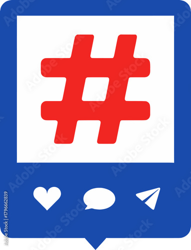 Vibrant red hashtag symbol prominently displayed within a social media post interface featuring like, comment, and share icons for engaging online content creation and digital marketing campaigns