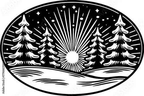 Soft rays pierce through misty air between snowy pine trunks, revealing floating ice crystals and a delicate surreal winter glow