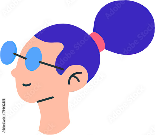 Modern young woman with vibrant purple hair and blue glasses smiles thoughtfully, embodying creativity and forward-thinking innovation for your next project.