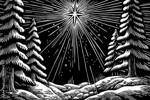 Soft rays pierce through misty air between snowy pine trunks, revealing floating ice crystals and a delicate surreal winter glow