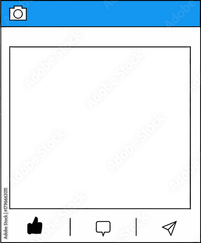 Capture attention with this modern social media post template featuring camera icon, like, comment, and share buttons, perfect for creating engaging online content and driving interaction with your au