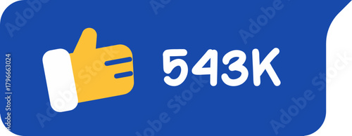 Celebrate massive online popularity with a vibrant yellow thumbs up icon and a huge 543K follower count displayed prominently in a bold blue interface, perfect for social media success stories