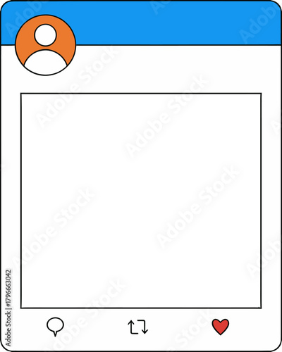Create engaging social media posts with this modern, clean template featuring a profile icon, content placeholder, and interaction buttons for likes, replies, and shares.