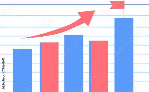Dynamic bar chart showing upward trend with a yellow arrow pointing towards a red flag on the highest bar, symbolizing business growth and achieving success.