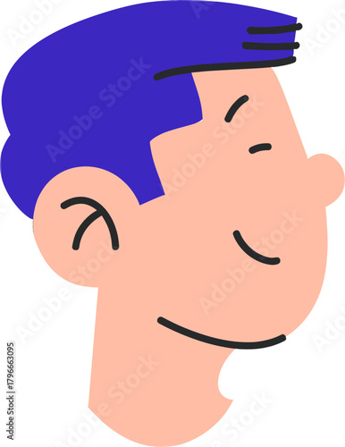 Joyful cartoon person with bright blue hair smiling serenely, conveying happiness and peace through simple, modern illustration perfect for branding and design projects