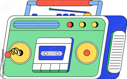 Vibrant retro boombox blasting classic tunes, capturing nostalgic audio vibes for music lovers seeking vintage sound experiences and playful design elements.