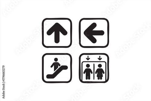 Black and white navigation signs featuring arrows and movement indicators