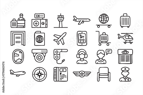 Black and white travel line graphics for airline dashboards and booking apps