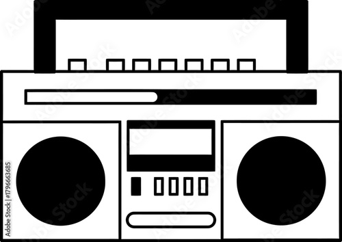 Design retro boombox stereo music player audio device vintage sound system portable radio black and white icon verctor art illustration png