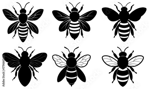 Collection of six stylized bee illustrations in black and white with varying wing designs and body shapes