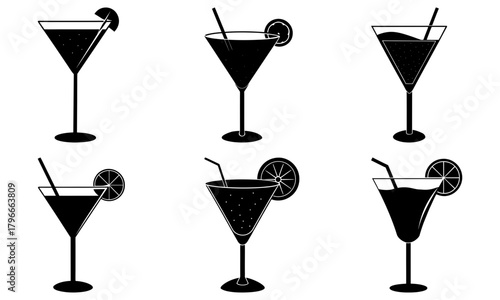 Illustration of six black and white cocktail glasses with straws and citrus garnish design element