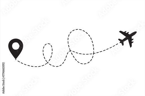 Air travel map line icon showing airplane trajectory and destination pin