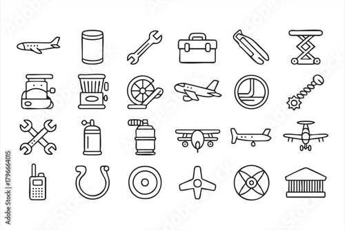 Black and white aircraft service and repair symbols for engineering use