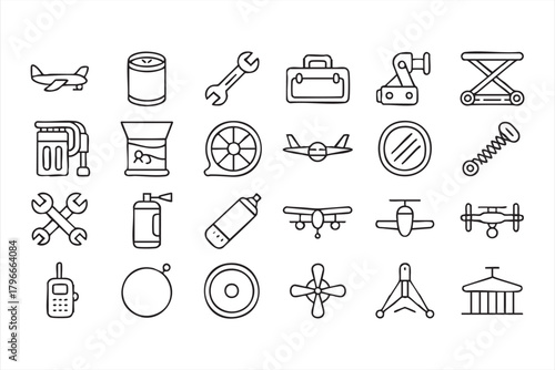 Airplane parts and mechanical tools vector icons for aviation professionals