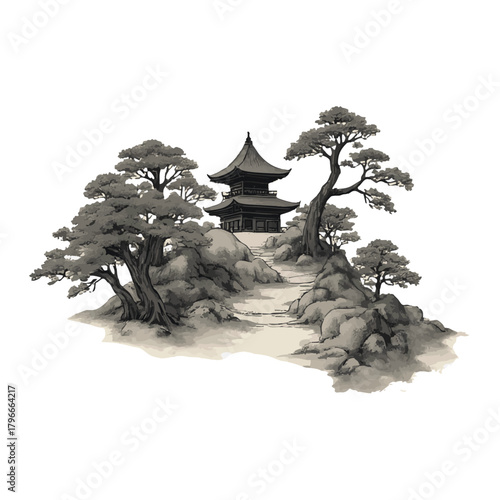 Pagoda temple and forest trees on rice paper background. Traditional oriental ink painting sumi-e, u-sin, go-hua. Contains hieroglyphs - eternity, freedom, happiness.
