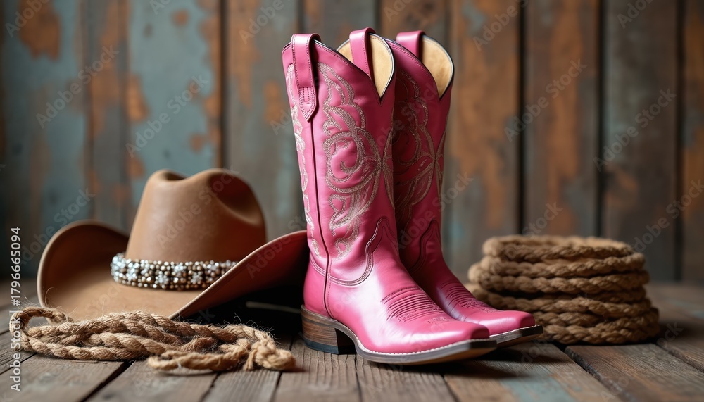 Obraz premium Pink cowgirl boots with embroidery on wooden floor. Cowboy hat with rhinestones, lasso rope nearby. Boots pink leather with heel, pointed toes. Hat brown with wide brim, decorative band. Lasso rope