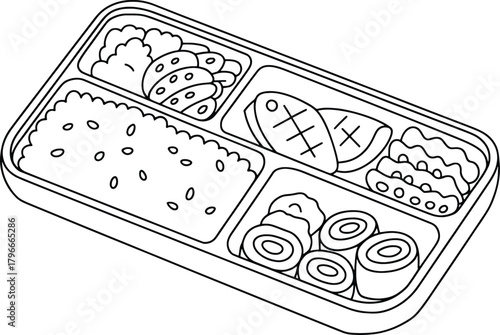 Black and white line art illustration of a bento box with rice fish and sushi lunch box food