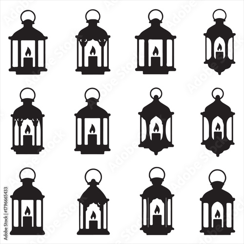 Lantern Icon Set – Vintage Candle Lantern Silhouette Vector Collection