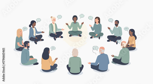 Illustration of a diverse group of people sitting in a circle meditating with thought bubbles above their heads on a plain white background.