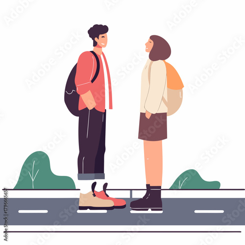 Young couple standing and smiling at each other on the road  