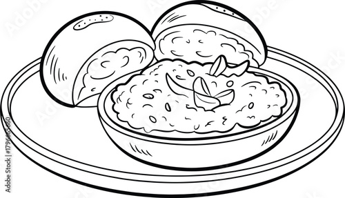 Black and white line art illustration of a bowl of dip with bread rolls on a plate food