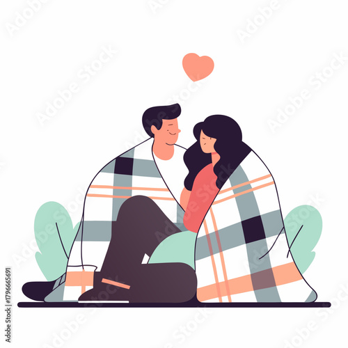 Couple sitting together under a blanket looking at each other warmly  