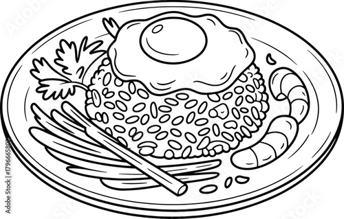 Black and white line art illustration of a plate of fried rice with egg and shrimp food