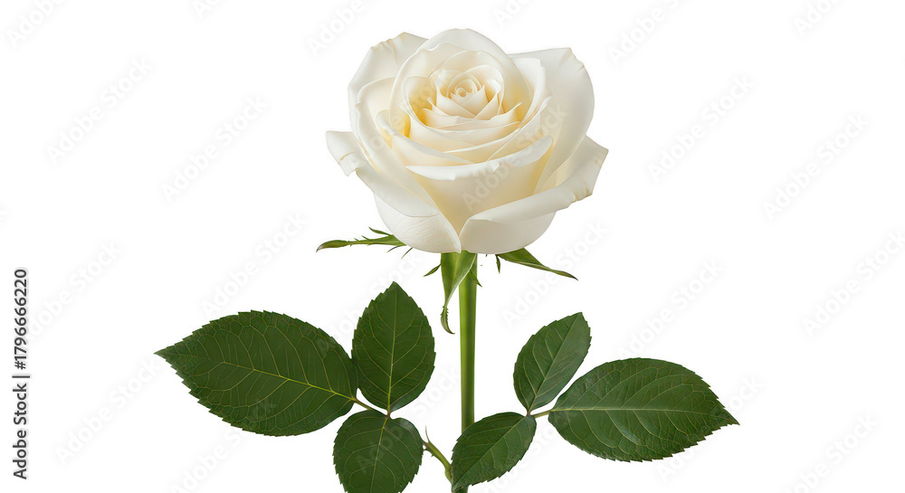 Fototapeta premium Elegant White Rose With Green Leaves On Black Background
