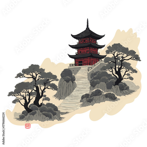 Pagoda temple and forest trees on rice paper background. Traditional oriental ink painting sumi-e, u-sin, go-hua. Contains hieroglyphs - eternity, freedom, happiness.