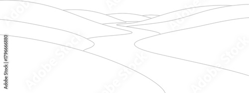 Minimalist landscape illustration of rolling hills and winding river path design