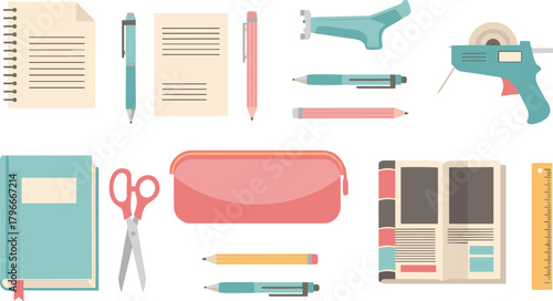 School and office supplies set, notebook, pens, scissors, glue gun, ruler, utility knife, flat vector illustration, creative workspace