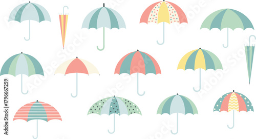 Umbrella icon set, pastel rain protection, cute weather symbols, stylish closed and open designs, seasonal vector pack, flat vector illustration