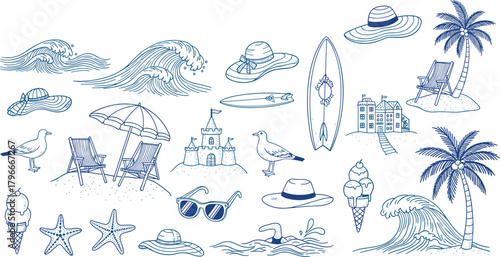 Summer beach elements, palm trees, surfboard, ocean waves, seashells, sandcastle, hats, seagulls, ice cream, vacation accessories, seaside vibes flat vector illustration