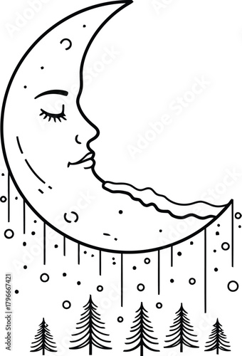 Crescent moon with a face and trees in a dreamy celestial line art design