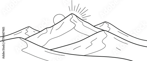 Minimalist line art of mountains with sun rising behind the highest peak