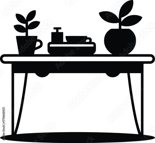 Black outline of a table with plants and coffee cup furniture potted plant