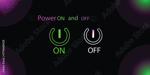 Neon light power button turning on and off. neon Power Button icon on the black background.Neon off sign color set.  design element. Vector illustration.