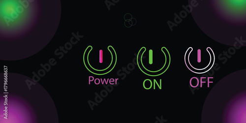 Neon light power button turning on and off. neon Power Button icon on the black background.Neon off sign color set.  design element. Vector illustration.