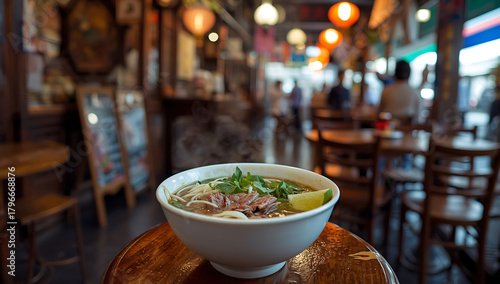 Steaming hot bowl of Vietnamese pho with rare beef slices, traditional Asian noodle soup served fresh in restaurant setting