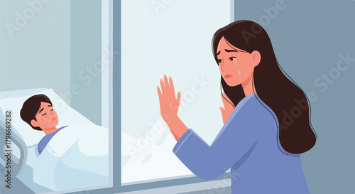 A woman in blue clothing stands by a hospital window with her hand on the glass looking at a man lying in bed.