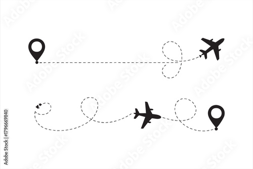 Airplane travel route illustration with dotted flight paths