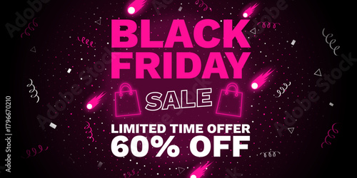 Vibrant Black Friday sale banner with bold pink typography, glowing pink shopping bag icons, and festive confetti elements on a dark gradient background, highlighting a limited-time 60% discount.