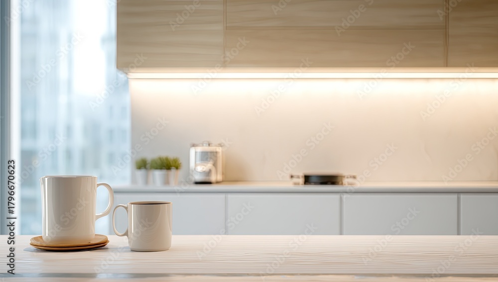Fototapeta premium Modern kitchen scene with mugs on counter and cabinets