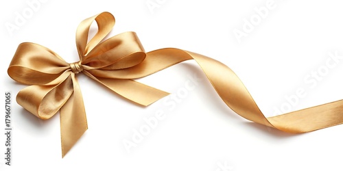 Elegant golden satin ribbon bow with flowing tail isolated on a clean white background for festive occasions and gift wrapping