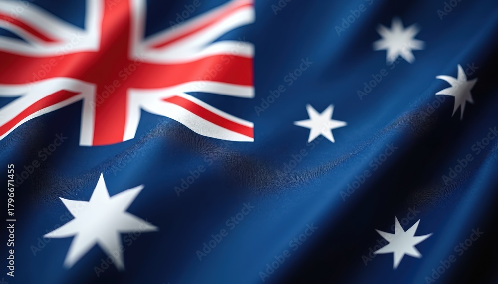 Fototapeta premium Close-up of Australian flag waving gently in breeze. National symbol features dark blue field with Union Jack and Southern Cross constellation. Patriotism and national pride captured in this imagery.