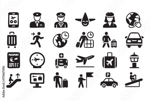 Monochrome airplane and luggage icon pack